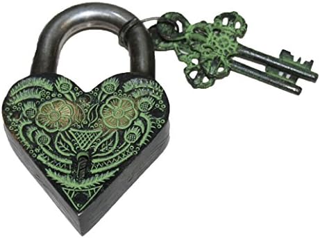 Flower Engraved Brass Door Heart Shape Padlock Security Locks with 2 Keys Fully Functional Door Locks