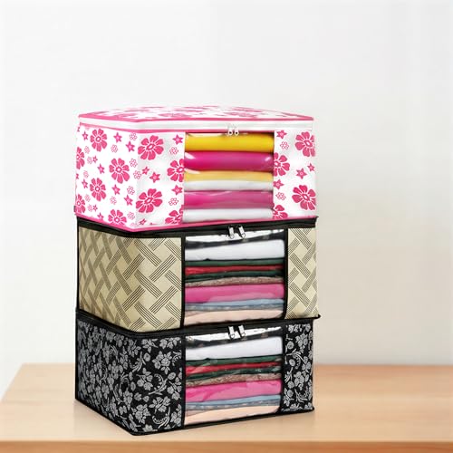 Image of Non-Woven Wardrobe Organizer Bags (Set of 3, Multicolor) | Heavy-Duty Zipper Clothes Storage Covers | Foldable Dust-Proof Closet & Bedroom Organizer for Sarees, Blankets, Linen & Seasonal Garments
