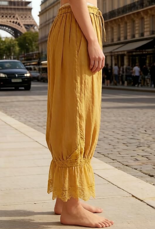 Image of Women Lace Long Bloomers Pants Elastic Waist Y2k Ruffle Pettipants Slip Cute Pantaloons Pumpkin Pants