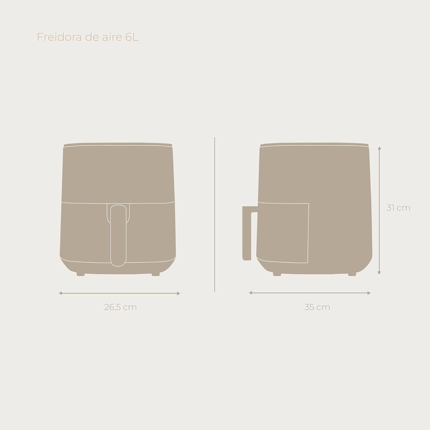 Diagram showing the dimensions of the EVVO 6L Air Fryer