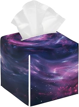 Square Leather Tissue Box Cover Holder Waterproof Galaxy Nebula Purple Facial Paper Organizer with Bottom Belt Cube Tissue Case for Tabletop Bathroom Office Desk Car Decorative