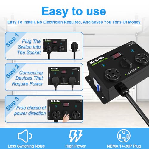 Manual EV Charging Switch for Dryer & EV, NEMA 14-30P to 14-30R & 14-50R, 240V, 25A Power Splitter, with a Safety Breaker Switch, Hand-Operated Selector, Plug and Play