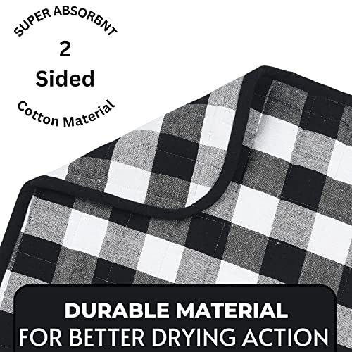 Image of Dish Drying Mat for Kitchen Utensils, Reversible Absorbant Cotton Checks Drying Mats, Washable, Counter top Cushion Pad Tableware, 46x61 Cms Black by Lushomes (18x24 Inches, Set of 2)