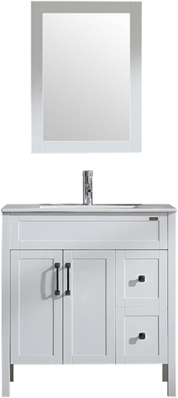 32 Inch Bathroom Vanity with Sink and Mirror Combo with 2 Drawers Vanity Cabinet with Chrome Faucet & Pop-Up Drain Set for Modern Home/Hotel Bathrooms/Washrooms Gloss White