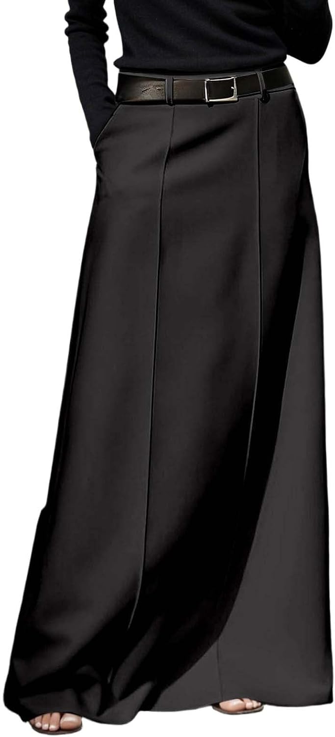 Générique Women's Skirt High Waist Pleated Midi Long Chic Elegant Vintage Flowy Office Outing Autumn Winter Comfortable Female Fashion A122