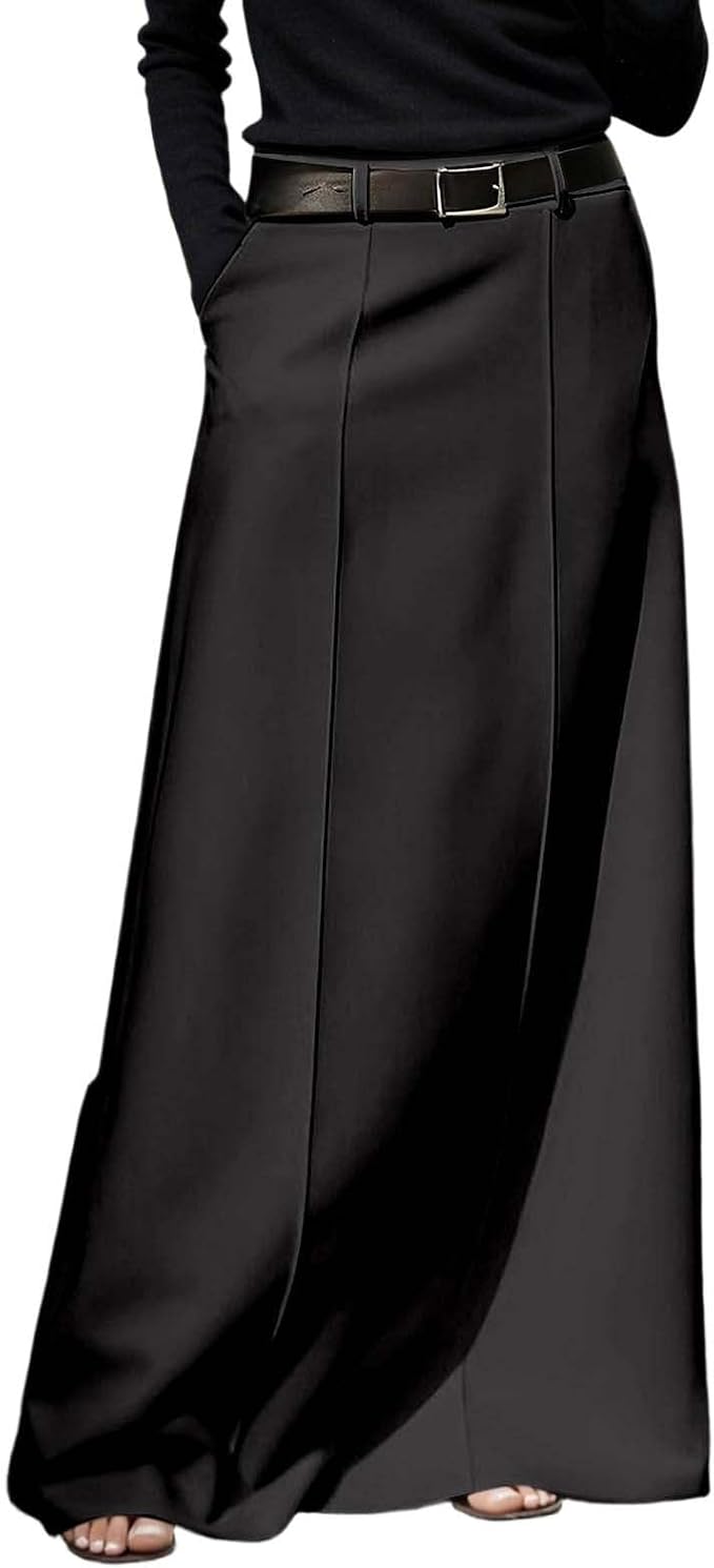 Générique Women's Skirt High Waist Pleated Midi Long Chic Elegant Vintage Flowy Office Outing Autumn Winter Comfortable Female Fashion A122