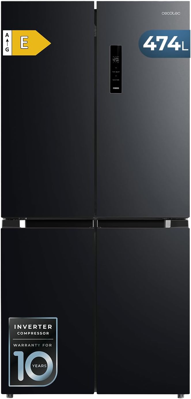 Cecotec Bolero CoolMarket 4D 474 Dark Réfrigérateur 4 Portes Total No Frost 474L Inverter Plus Inox Noir Classe E