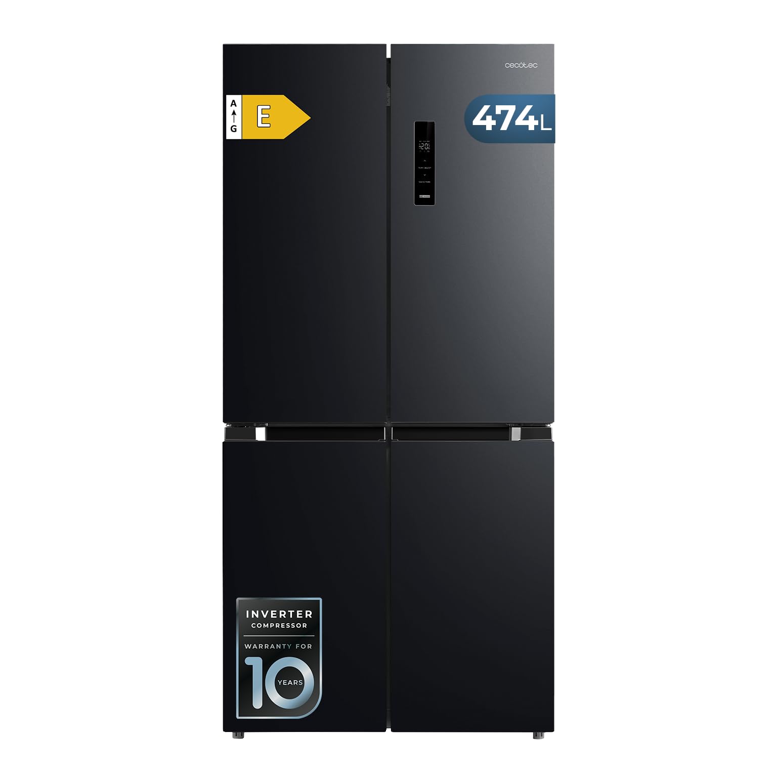Cecotec Réfrigérateur 4 Portes Total No Frost de 474L Bolero CoolMarket 4D 474 Dark E. 177,5cm de Hauteur, 83,3 cm de Largeur, Classe E, Ultra Silencieux, Compresseur Inverter Plus, Inox Noir