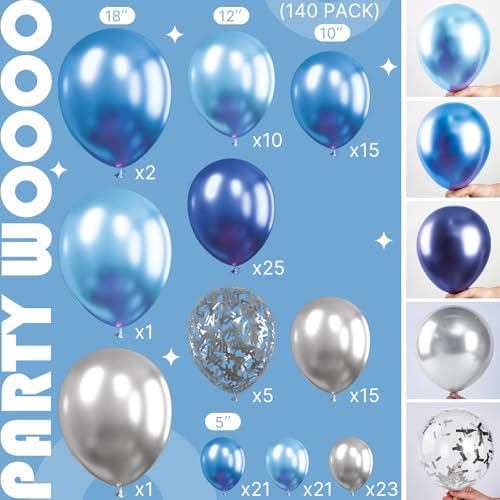 Image of PartyWoo Blue Shades Balloon Garland Kit, 140 pcs Shades of Blue Balloons Different Sizes Pack of 18 Inch 12 Inch 10 Inch 5 Inch for Balloon Garland or Arch as Birthday Decorations, Party Decorations