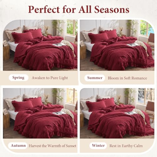 Image of JOLLYVOGUE Burgundy Oversized Queen Comforter Set,3pcs Seersucker Bed Set | OEKO-TEX Certified, All Season, Down Alternative Fill, Lightweight Bedding Set with Ruffle Comforter & Pillowshams, Easy Care
