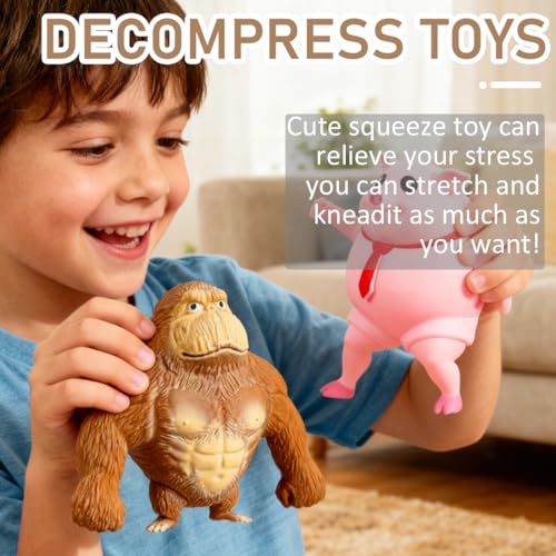 Gorilla Stressabbau Spielzeug und Piggy Squeeze Toy Set – Extrem Dehnbar & Robust, Schweine Quetschspielzeug, Anti-Stress Geschenk für Erwachsene, Lustiges Wut-Spielzeug für Zuhause und Büro