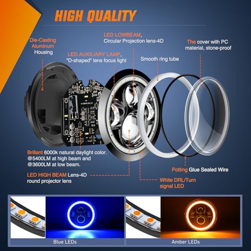 Image of Nilight 7 Inch Round LED Halo Headlights w /Turn Signal Amber Light Blue DRL High Low Beam 7 inch Headlight Compatible with 2007 2008 2009 2010 2011 2012 2013 2014 2015 2016 2017 2018 Wrangler JK JKU