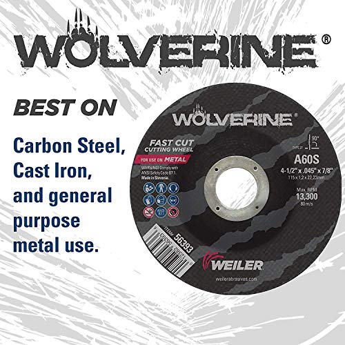 Weiler 56385 4-1/2 Inch Cutting Wheel, Wolverine AO Steel/Metal Fast Cutting, 3/32" A24T Type 27 5/8"-11 Hub, Pack of 10 by Weiler - Image 4