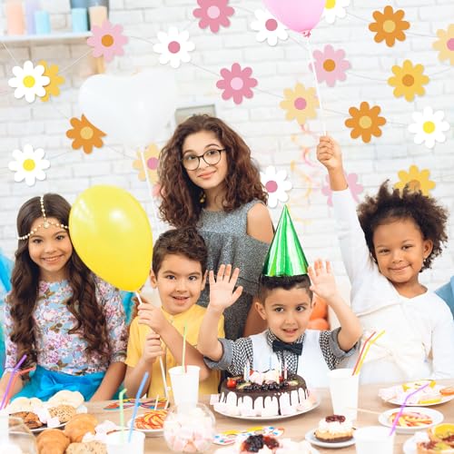 Image of Pasimy 8 Pcs Daisy Boho Party Decorations Groovy Daisy Paper Garlands White Flower Hanging Garland Banner Hippie Flower Cutouts for Birthday Shower Wedding Party Favor Supplies(Groovy,Multicolor)
