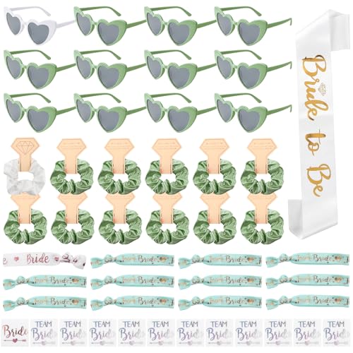 49 Stück Jga Accessoires Frauen Set JGA Accessoires mit Sonnenbrille Herz Bride To Be Schärpe & Schleier Tattoos Armbänder Junggesellenabschied Frauen Grün Weiß Dekoration Team Bride
