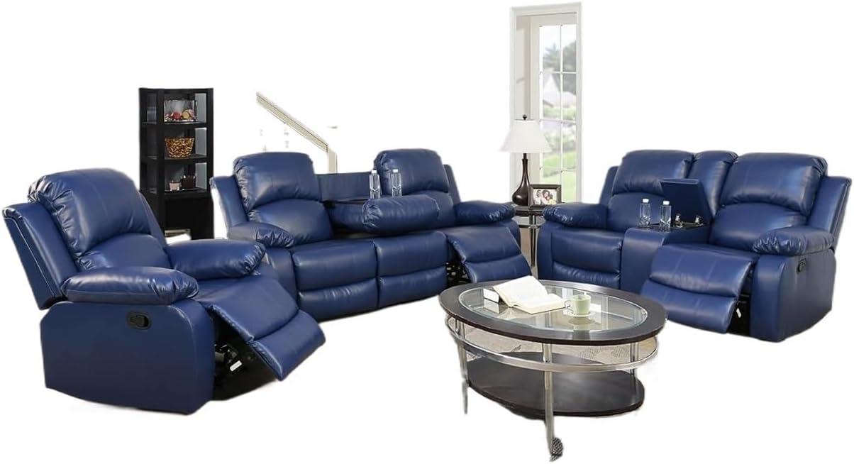 Electric Reclining Sofa Set, Kneeling Leather Style, Suitable for Campers and Living Rooms(A-Blue Microfiber)