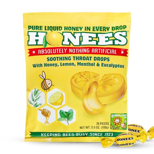 Honees Filled Honey Lemon Cough Drops- Filled with Honey, Menthol, Lemon and Eucalyptus - Nothing Artificial -Natural Sore Throat Lozenges- Non-GMO, Gluten Free (1 Pack – 20 Drops)