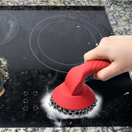 Image of Cast Iron Scrubber, Stainless Steel Chainmail Cleaner with Handle Easy-to-Clean Pot Brush for Pots Pans Plates