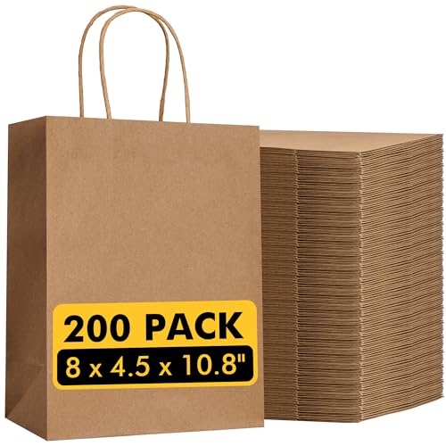 Image of RACETOP Brown Gift Paper Bags 200 Pack 8x4.5x10.8 in Medium with Handles