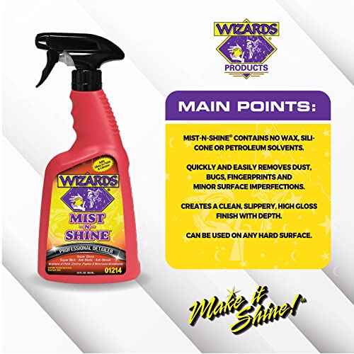 Wizards Mist-N-Shine Professional Detailer - Multi-Use Glass Cleaner And Scratch Remover For Vehicles - Adds Gloss To Paint, Chrome And Glass - 22 Oz Detail Spray - Made In Usa #TOP3