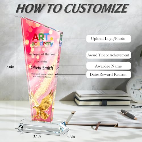 Image of Custom Crystal Trophy Award Personalized Plaque Award with Text Logo Photo Awards Trophies for Employee Recognition Team Graduation Personalized Office Gifts for Boss Coworker Teacher