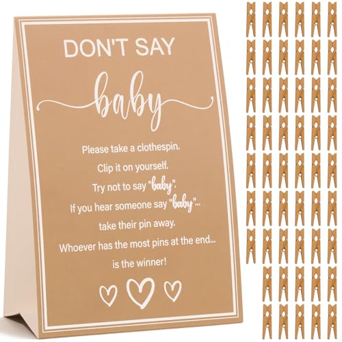 Juavlonle Baby Shower Games for Girl & Boy Dont Say Baby Game Gender Neutral 1 Sign and 52 Mini Kraft Clothes pins Baby Shower Clothespin Game (Dont Say Baby Kraft)
