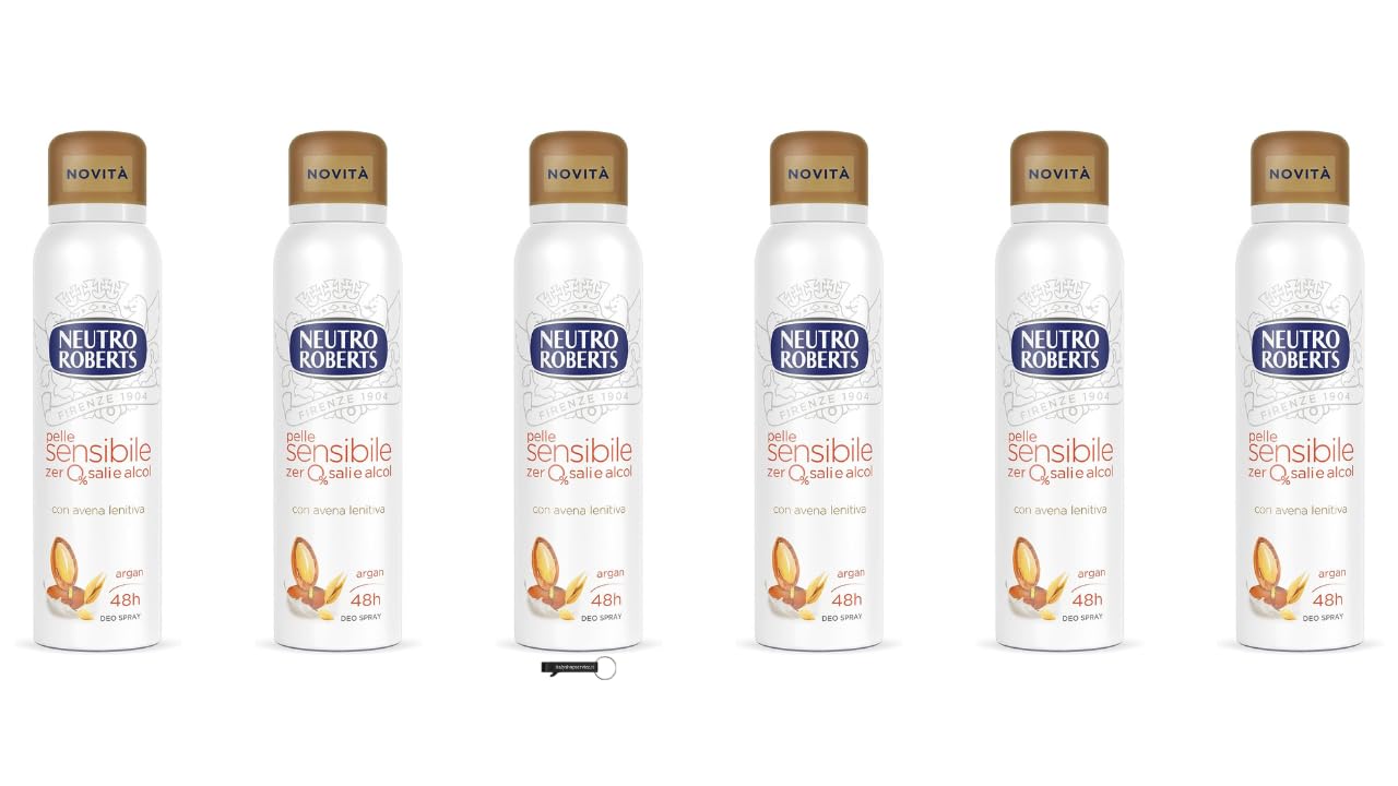 Neutro Roberts - 6 deodoranti spray Pelle Sensibile, con avena e argan, protezione 48 ore, senza sali di alluminio e alcool, 150 ml, + portachiavi Italy Shop Service in omaggio