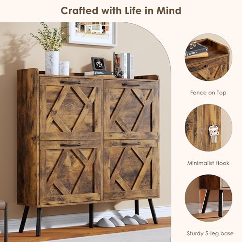 Image of Nicetree Shoe Cabinet Storage for Entryway, Freestanding Shoe Storage Cabinet, Farmhouse Narrow Shoe Rack Cabinet for Entryway, Foyer, Hallway, Shoe Cabinet 4 Flip Drawers
