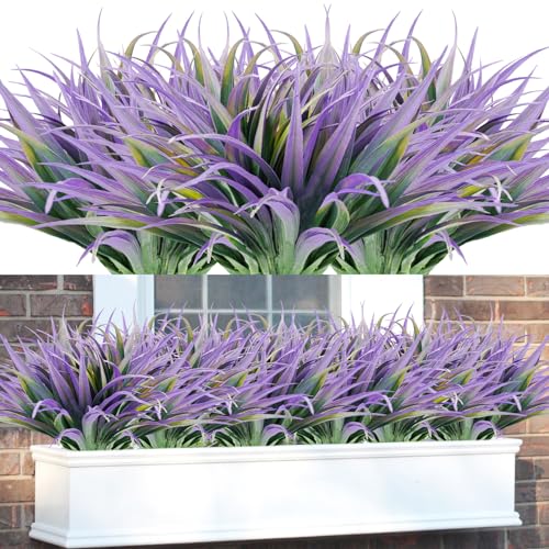 Phliofd 16Pcs Artificial Grass Fake Plants 17.3in Outdoor Plants UV Resistant Faux Greenery Stems Fake Grass for Home Window Garden Office Patio Pathway Front Porch Halloween DÃ©cor Green & Purple