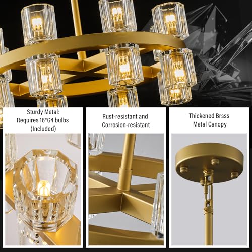 Image of 18 Inch Gold Wagon Wheel Chandelier with Crystal Shade, 16 Lights, Large Round Modern Farmhouse Style, Perfect for Living Room, Dining Room, Bedroom, Foyer, Bathroom