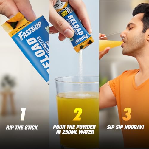 Image of Fast&Up Reload Electrolytes Powder Sachets | Zero Added Sugar Hydration Drink with 5 Essential Electrolytes Vitamin C & B12 | Summer Heat, Workout Recovery, Travel & Wellness | Mango Samba, Pack of 5 Sachets