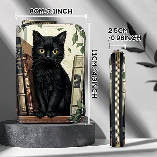 Image of Cute Credit Card Holder with Zipper, Black Cat Books RFID-Blocking Card Case Small Wallet for Women Men, Multi-slot Card Organizer Case Travel Accordion Wallet