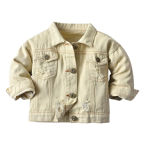 Baby Girls Boys Ripped Denim Jacket Button Down Kids Jeans Coat Long Sleeve Trendy Patchwork Pockets Lapel Casual