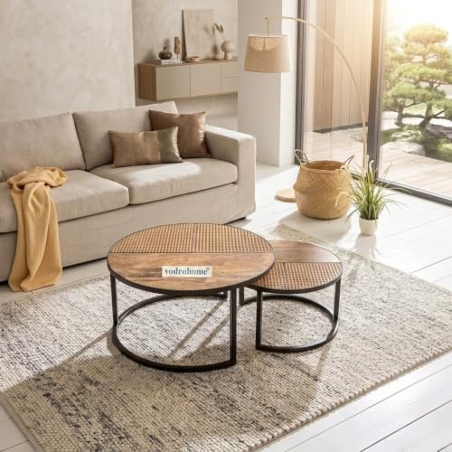 Image of Cane Nesting Coffee Table - Rattan Round Centre Table with Storage - Set of 2 Mango Wood Center Table C#048