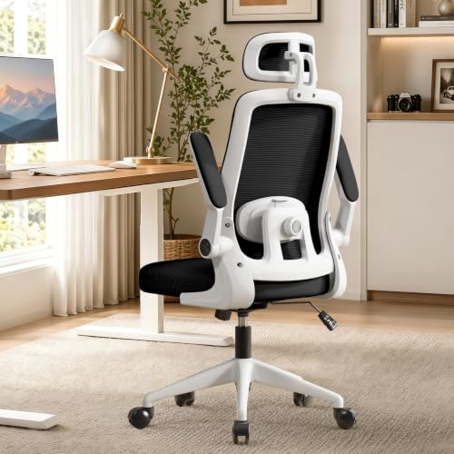 WXJHL Chaise de Bureau Ergonomique avec Support Lombaire Réglable, Fauteuil Bureau Maille Respirante avec Appui-Tête 3D et Accoudoirs Relevables, Chaise Gaming et Télétravail, Noir & Blanc