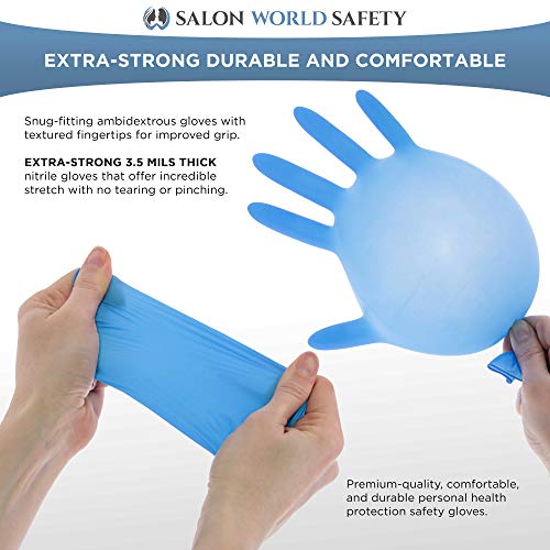 Salon World Safety Blue Nitrile Disposable Gloves, Box Of 100, Size Medium, 3.5 Mil - Latex Free, Textured, Food Safe #TOP3