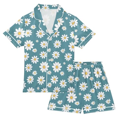 White Daisy Pattern Summer Satin Pajama Set, Cute Button-Down Sleepwear Pj Set for Sleep Wears