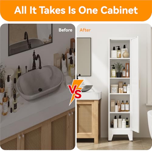 Image of 67 inch Tall Storage Cabinet with Reversible Doors and Adjustable Shelves,Metal Slim Freestanding Cabinet for Bathroom Kitchen Garage Small Spaces,White1 Pack