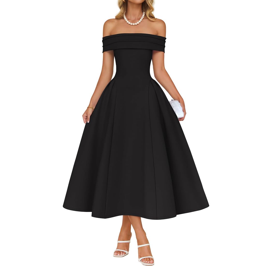 Aowvuts Women's Black Cocktail Dress Formal Off Shoulder Maxi Dress Elegant Swing A-Line Wedding Guest Long Dresses Modest Homecoming Church Dresses For Tea Party Prom Bridesmaid Evening