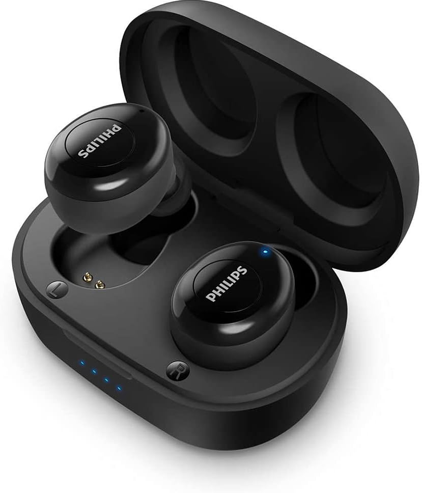 Philips T2205 In-ear True Wireless Headphones with IPX4 Splash Resistant, Super-small Portable Charging Case, Built-in Microphone, Up to 12 Hours (4+8) Playtime, Works with Voice Assistants, TAT2205BK