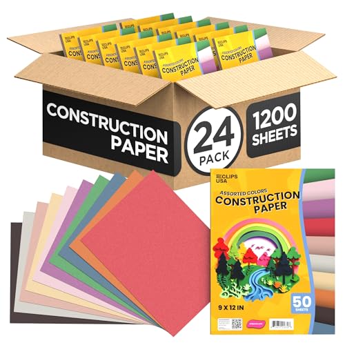 Construction Paper Bulk (1200 Sheets), 9 x 12, Assorted Colors (24 Pack)