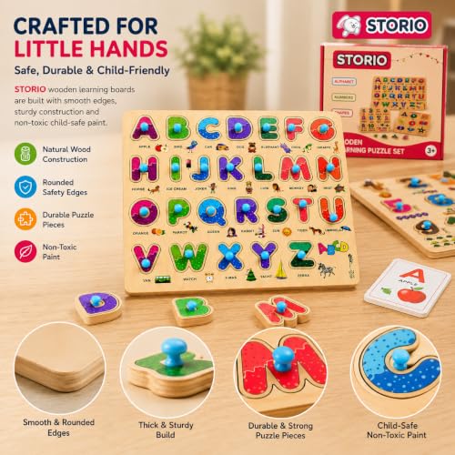 Image of Storio Wooden ABCD Learning Board for Kids, Alphabet Number Shape Puzzle Board, Montessori Educational Toy, Wooden Activity Puzzle for Toddlers Boys Girls Age 2 3 4 5 Years