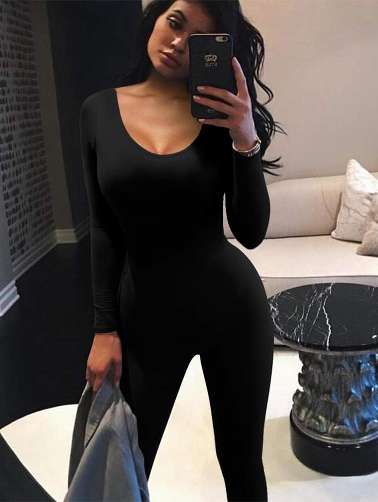 GOKATOSAU Women's Sexy Long Sleeve Bodycon Solid Outfits Club Rompers Jumpsuits - Image 4