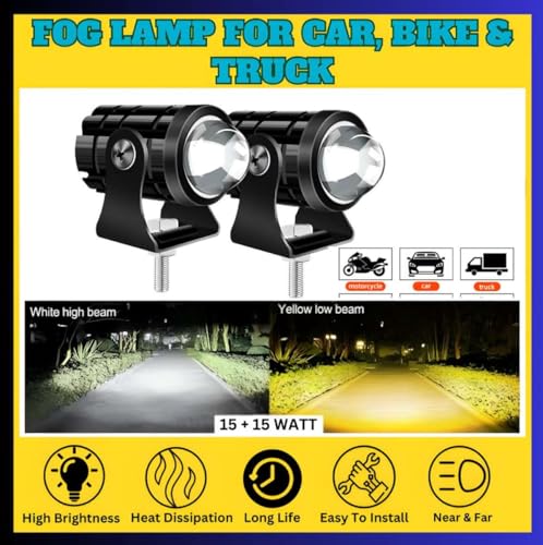 Image of Mini Projector Lens Fog Light Lamp for Motorcycles ? LED Dual Color White & Yellow Lighting (12V, 36W) with On /Off Switch and Battery Powered