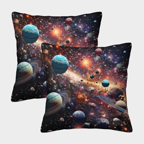 Image of YKSDLFDUI Planet Cushion Cover Set of 2 Decorative Machine Washable Pillowcases Square Pillow Cases with Invisible Zipper Cushion Covers for Living Room Sofa Couch Bed Throw Pillow Cases 45x45cm