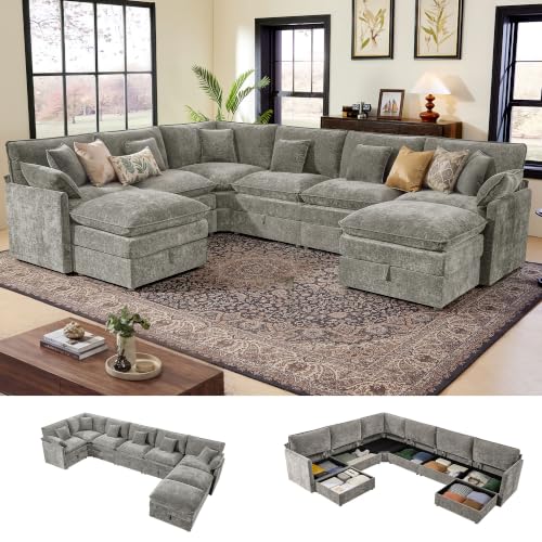 Image of Ihanherry Oversized Modular Sectional Sofa with Storag, 8-Seater V Shaped Cloud Couch with Movable Ottomans, Chenille Deep Seat Corner Couches for Living Room (Grey)