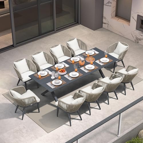 Image of PURPLE LEAF 11 Pieces Patio Dining Set Wicker Outdoor Furniture Rectangular Table and Chairs Set for Garden Deck Aluminum Frame Backyard Kitchen Set, Cushions and Pillows Included Taupe