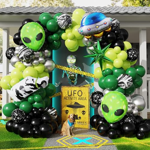 Enanal 154pcs Alien Balloon Arch Kit - Green Black Silver Latex Balloons with Alien/UFO/Cow/Burst Foil Balloons for Alien Decorations Space Birthday Trunk or Treat Car Decor