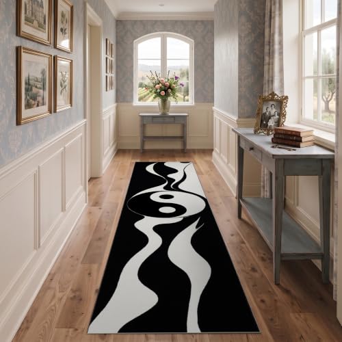 ODIKA 2.5x12 Black Minimalist Yin Yang Inspired Ultra Soft Runner Rug