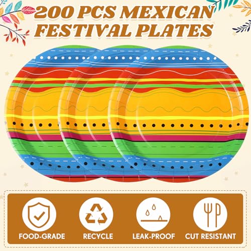 Sabary 200 Pieces Fiesta Paper Plates for Cinco De Mayo Party 9 Inch, Mexican Party Dessert Plates Taco Dinner Plates Party Supplies for Fiesta Tuesday Birthday Party Decorations (Wavy Line) - Thumbnail 3